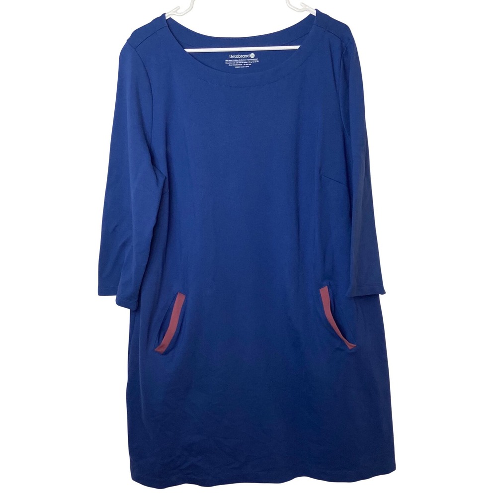 Betabrand Women's 2XL Blue Knit Tunic Dress 3/4 Sleeve Pockets Stretch